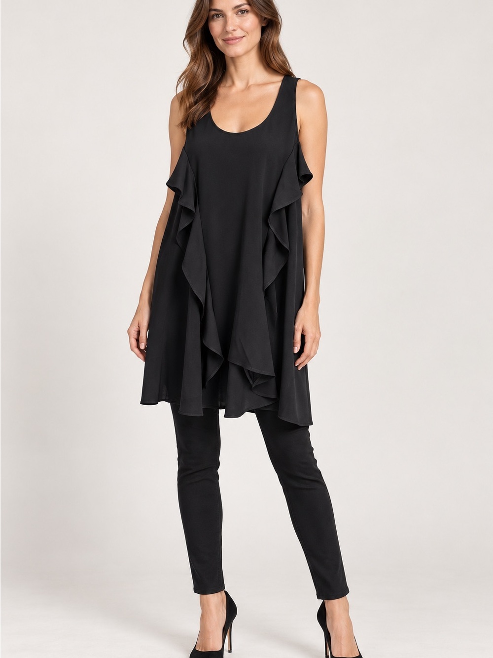 Twinset Milano Long Ruffle Top Size IT 42 US 6 Black Sleeveless NWT Made Italy